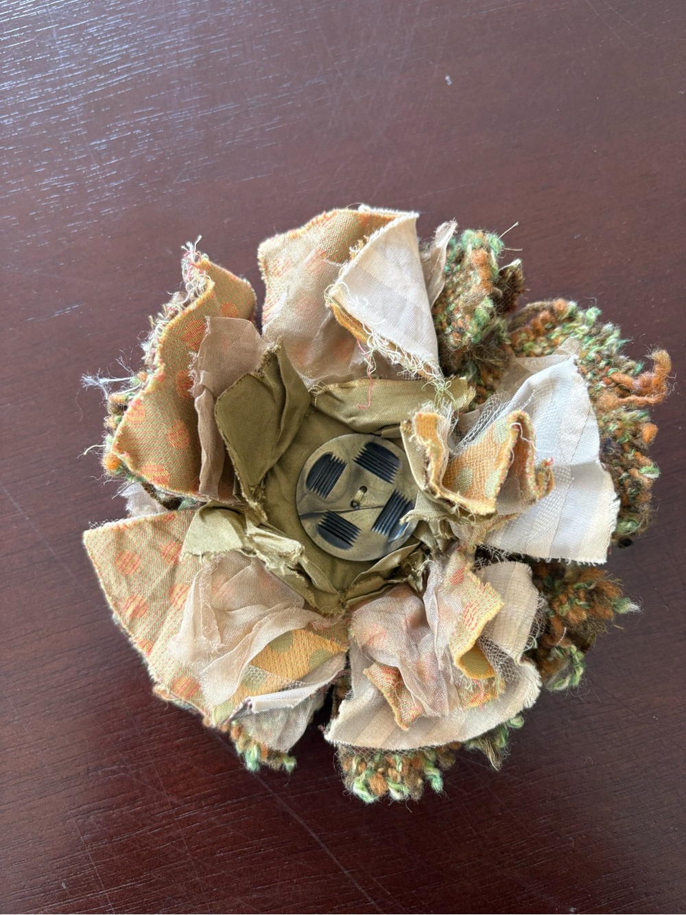 Rustic Fabric Flower Brooch - Olive and Beige Floral Pin